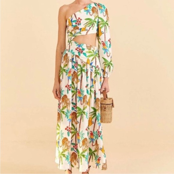 FARM Rio Dresses & Skirts - NWT Farm Rio Tropical Paradise White One Shoulder Linen Blend Midi Dress XS $250